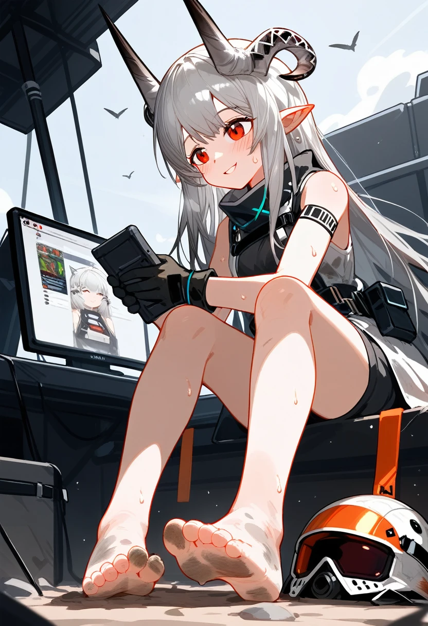 score_9,score_8_above,score_7_above,1 girl,mud rock (arknights),dirty,pies,gloves,hull,horns,sunes,Red eyes,barefoot,pointy ears,old,suno,wide,by white,black gloves,toes,hull de seguridad,Foot focus,looking at the viewer,session,sweat,Chapped lips,dirty pies,tenure,outdoor,sky,hits,oripathy lesion (arknights),day,SMILE,blush,demon horns,infection monitor (arknights),foreshortening,sun,