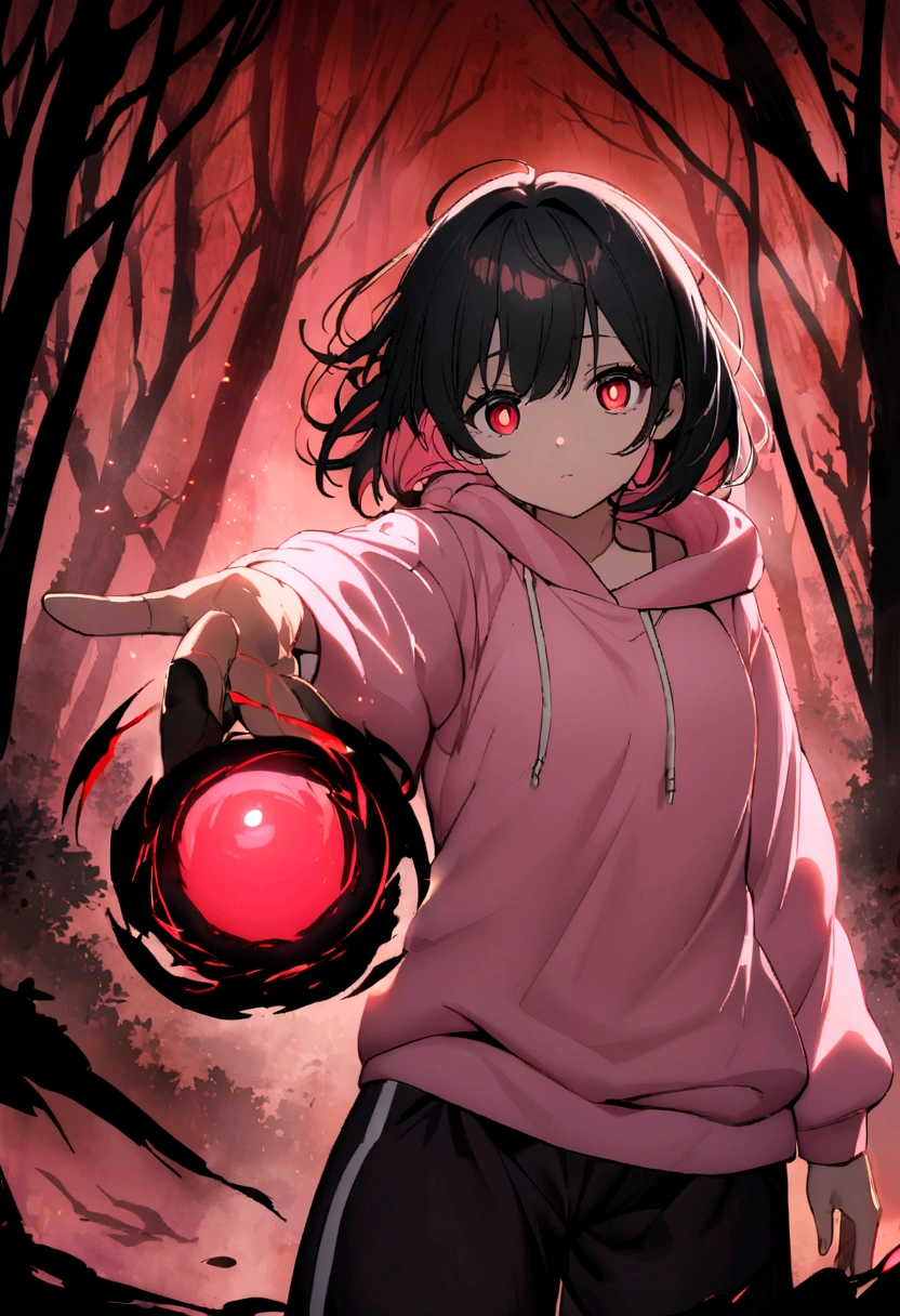 an anime girl eyes with a black iris and red pupils, black hair with pink highlights. She wears a pink sweatshirt that is too big for her and small black sweatpants.. She is tired with wounds and torn clothes from a fight while in a forest. In his right hand he begins to generate a ball of red energy