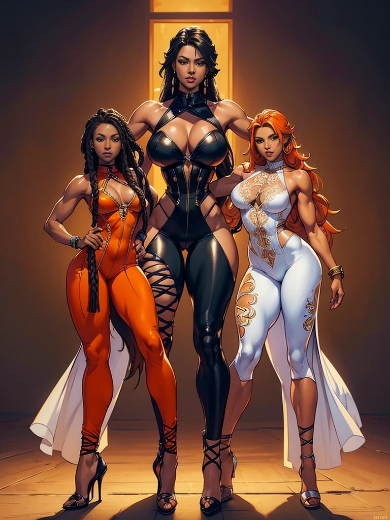 ((best quality)), ((4k)), ((highres)), ((masterpiece:1.2)). ((detailed)), ((ultra realistic)), ((intricate details)), ((full body picture)), ((character design sheet)), a full body picture of a beautifull Ebony skinned female, black woman, dark skin, ebony princess, ebony model, perfect face, detailed eyes, detailed lips, posing with her arms above her head, ((arms above her head)), about 25 years old, about 5'7 ft. tall, long thin dreadlocks down to her hips, ((emphasis on her long thin dreadlocks down to her hips)), pretty, feminine woman, toned body but not too muscular looking, hourglass figure, dressed in a skin-tight sleeveless full body orange jumpsuit, ((emphasis on the skin-tight sleeveless full body orange jumpsuit)), showing cleavage, glamorous, strappy lace up high, fighting game character concept art, tekken character design, the king of fighters character concept, full bofy, full body concept art, full body art
