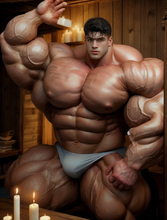 1boy, giant, alone, giant bodybuilder, wet, candle light, strong body, bulk, large size, stand, armpits, at large room with wooden wall, nude, white triangular underwear, massive bulge, extraordinary big, brutalmass, giant muscular body, bulk, buff, massive body, large meaty body size, extremely wide body,
