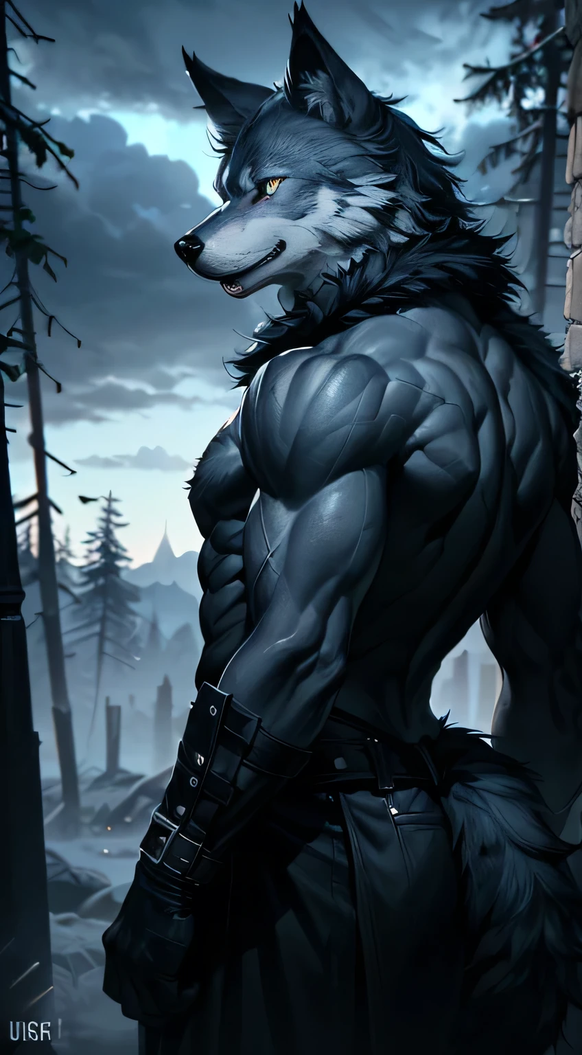 (absurd, high resolution, ultra detailed), 1 anthropomorphic wolf, adult, bluish gray fur, Pointed ears, medium furry tail, blue eyes, serious look, fantasy, night, dark theme, cinematic lighting, colorful, cloudy sky, forest Black, dark theme, night, Dark night, dark lighting, furious expression, defined, muscular body, black claws.