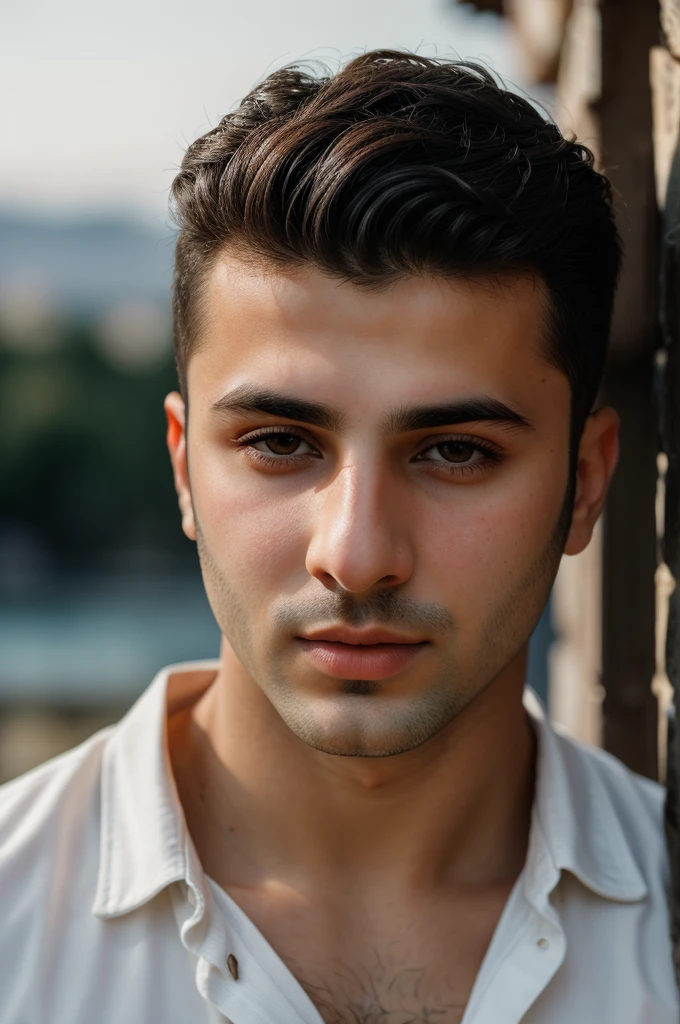 RAW photo of armenian young man, short hair, hunter eyes,(high detailed skin:1.2), 8k uhd, dslr, soft lighting, high quality, film grain, Fujifilm XT3, 