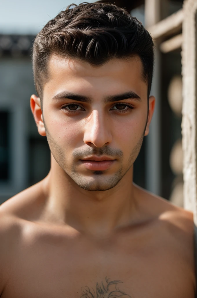 RAW photo of armenian young man, short hair, hunter eyes,(high detailed skin:1.2), 8k uhd, dslr, soft lighting, high quality, film grain, Fujifilm XT3, 