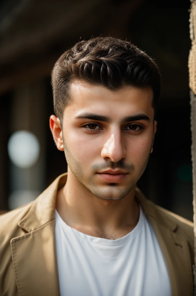 RAW photo of armenian young man, short hair, hunter eyes,(high detailed skin:1.2), 8k uhd, dslr, soft lighting, high quality, film grain, Fujifilm XT3, 