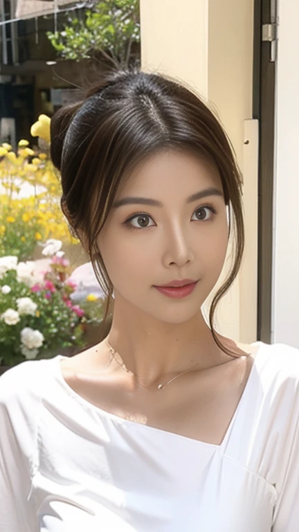 (Photo-realistic style, 超High resolution, 16K, High resolution, masterpiece), Very detailed, Perfect ???????, Beautiful eyes、Anatomically correct eyes、Correct eye position、Detailed face, Detailed eyes, Solo Japanese Mature, 50 years old、After shopping、Neighbor's wife、ponytail、White T-shirt with round neck、bedroom BREAK skinny jeans、Cowboy Shot、