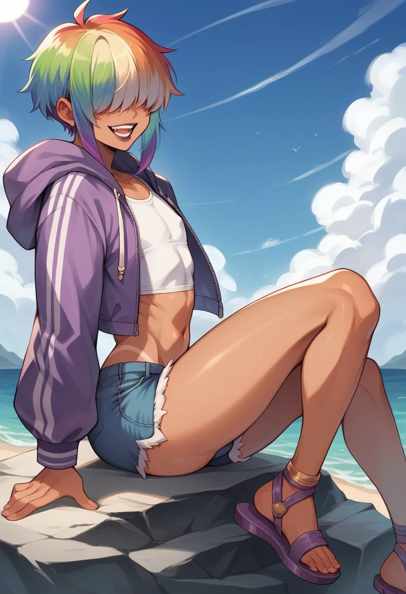 A feminine looking man, femboy, rainbow hair, disordered, hair over eyes, black painted lips, happy, slim and feminine body, thick thighs, flat chest, her butt is very big, tanned skin, very small purple jacket, fitted white top, mini shorts, long rainbow tights, sandals, Sitting on a rock, beautiful beach, bright sea, Sun light, side view, Looking at the sky
