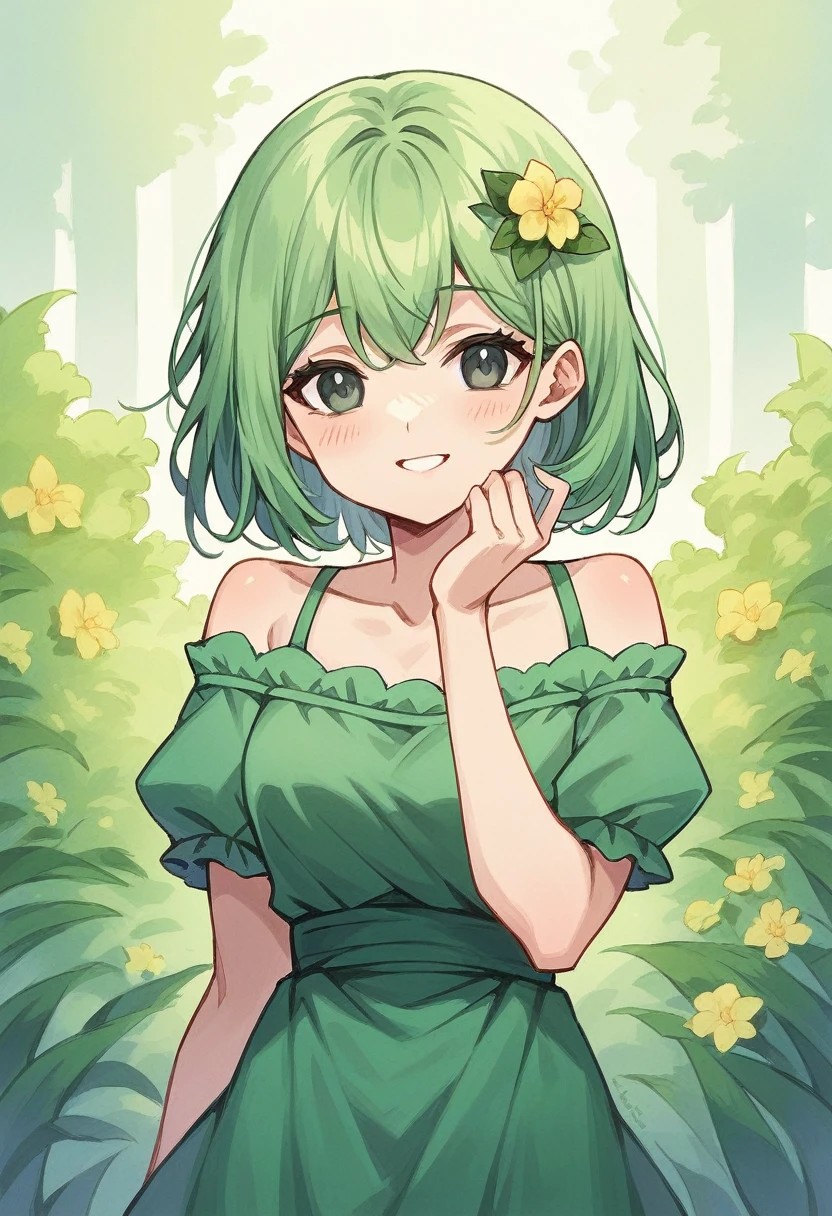 Infp anime medium hair light green color black eyes green flowers on the head smelling a flower smiling (infp) anime watercolor colors (Masterpiece) green dress with white barefoot