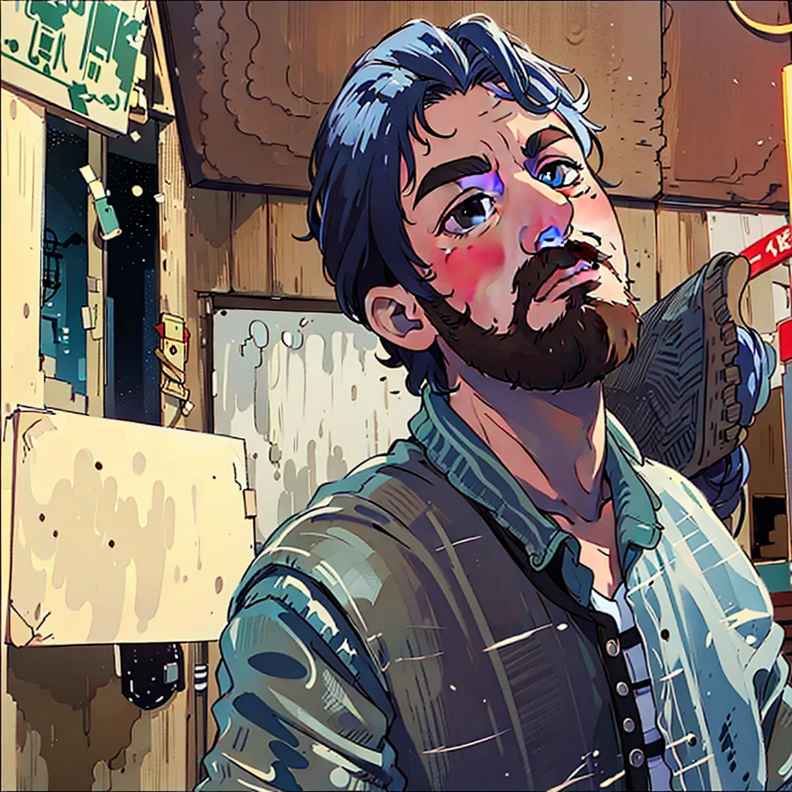 a lonely man with beard looking to the camera , 2D , anime style, ghibli style