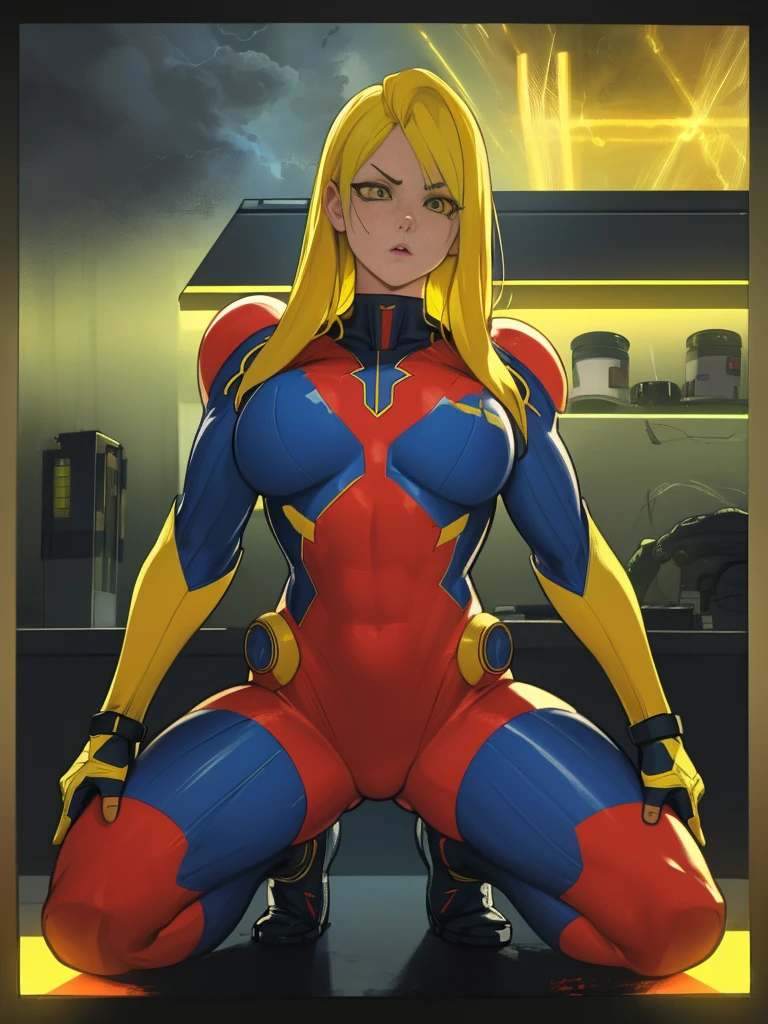 a powerful thunder ranger with a beautiful face, small breasts, wearing a tight suit, with yellow hair, wielding alien weapons, against a dramatic thunder backdrop, ultra-detailed, 8k, highly realistic, cinematic lighting, dramatic colors
