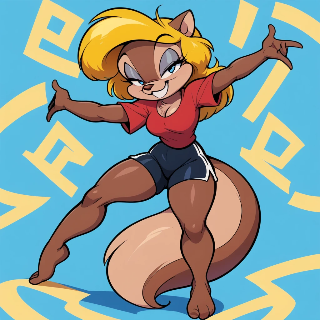 score_9, score_8_up, score_7_up, score_6_up, score_5_up, score_4_up, (Source furry), 1girl, solo, looking at viewer, smile, blue eyes, turquoise blue background, shirt, turquoise blue background, animal ears, cleavage, medium breasts, smug while teeth singing, digital obstacles everywhere in the background, singing a song, singing in a microphone, tail, full thick body, barefoot, furry, cyberworld environment, standing and posing a pin up pose, black swimming shorts, has thick thighs, thick thighs, bright red shirt, animal nose, snout, amy squirrel , blonde hair, long hair, two tone fur, brown fur, furry female, body fur, humble sexy look,
