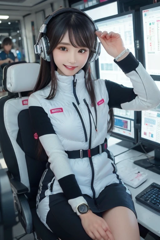 masterpiece, Highest quality, Very detailed, 8K Portrait,Japanese Android Girl,plump , Control panel,Robotic arms and legs, Blunt bangs,,break (Metallic Gray, Metallic luster, Mirror finish, Astro Best):5,headphone:5,break (Black sleeves):100,Smart Watches,Futuristic space station,Control Room,break headphone,blue eyes,(Black Hair):2,(Long Hair):1.3,Displaying the viewer,(respirator),break blush:3,Hidden Hand,smile