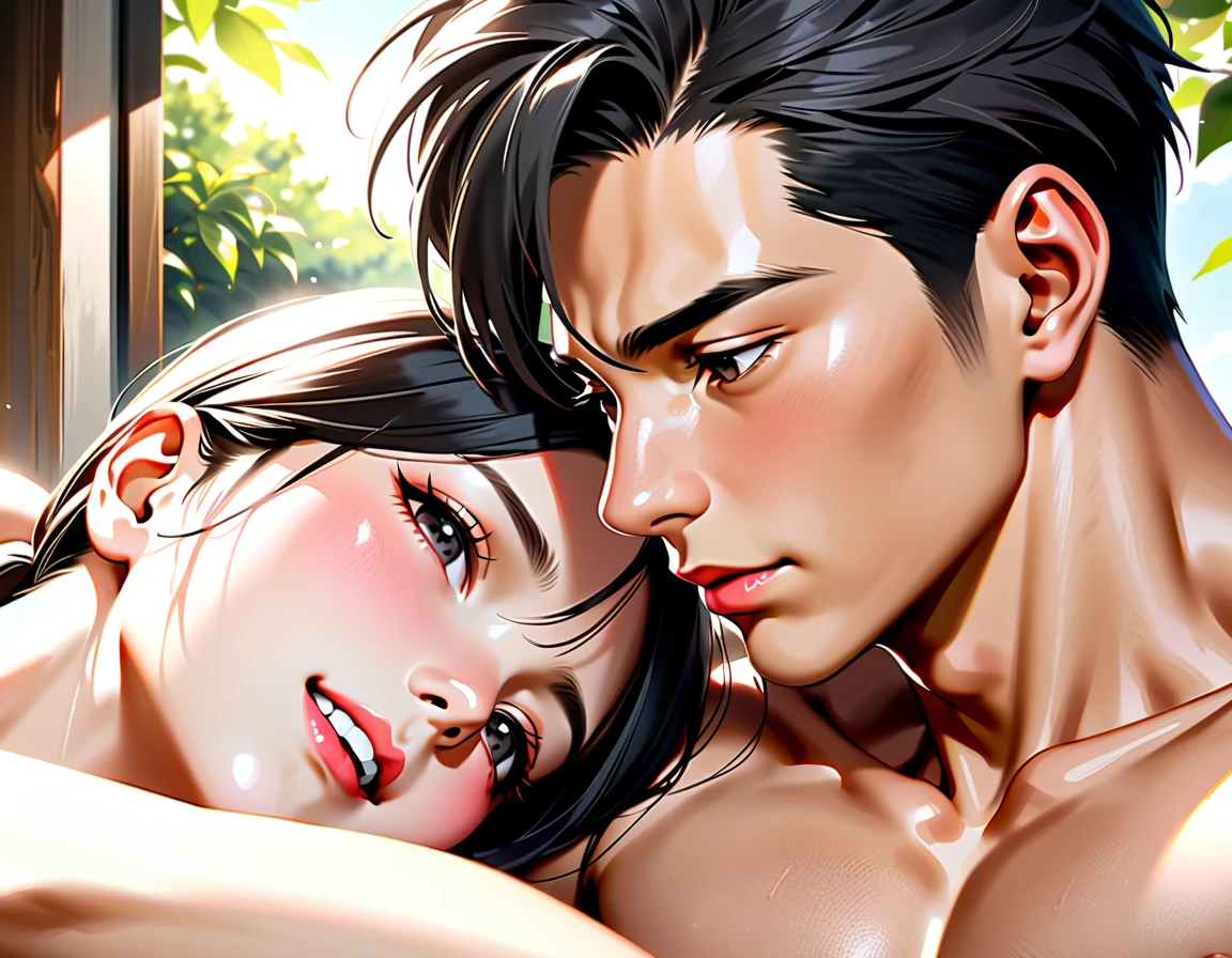 high quality, detailed, Realistic, (two 16 years old japanese boys), (detailed black eyes), (abs:1.5), (shiny skin), detailed nipples, black hair, (black tiny thong), (erected bulge), summer noon, (smile:0.7), close up face, laying, kissing,