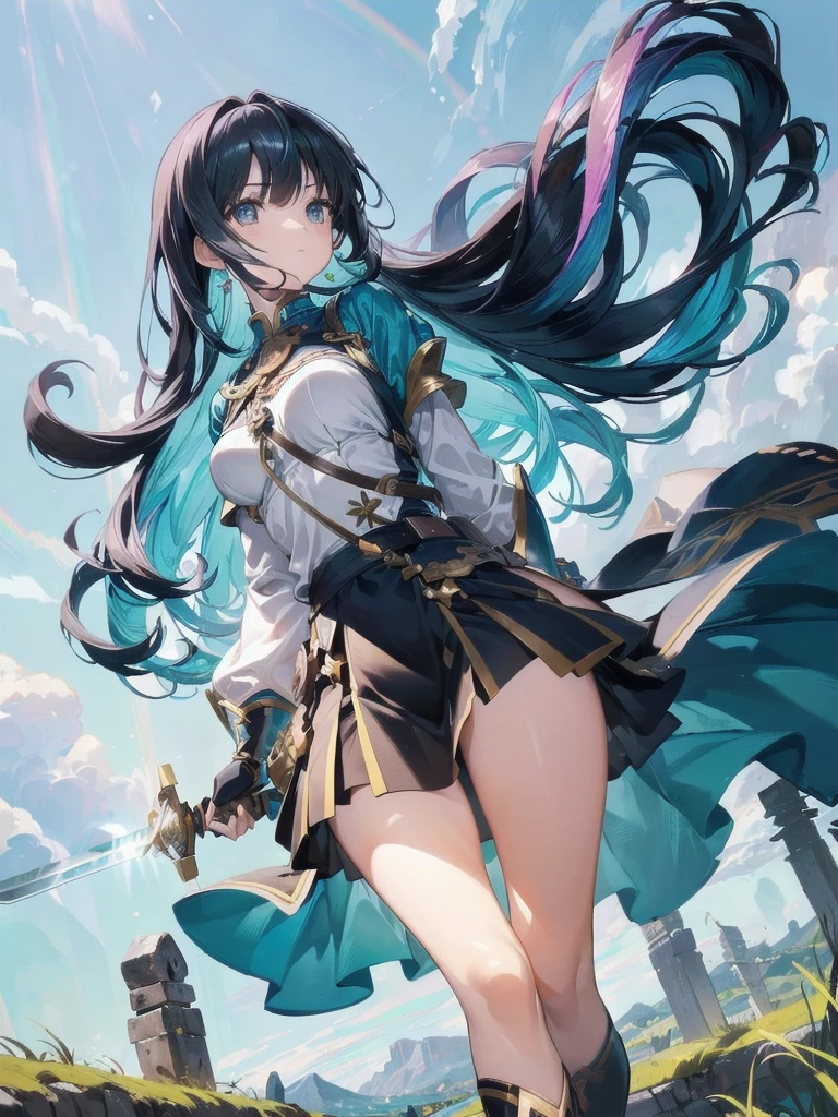 Girl with huge hair in movement, ultra-detailed eyes, beaded eyes, seriousness, hero posture, (((a sword in front of her stuck in the ground))), small round breasts, muscular thighs, big ass, leaves flying in the wind and all around, very blue sky, {extremely detailed 16k CG unit wallpaper}, expansive landscape photography, (a view from below focusing on the character and the sky above), (wide view of open field), ( low angle photo), (high light: 1.5), (low light: 1.2), (warm light source: 1.6), complex details, (iridescent colors: 1.5), (bright lighting), (atmospheric lighting), Dreamy , single,