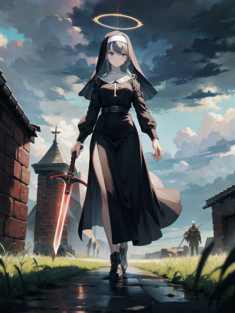 (masterpiece:1.1), (best quality:1.1), (vibrant colors:1.1), BREAK, (dark fantasy:1.1), oil painting, BREAK, (full body:1.0), (nun:1.1), (holy:1.0), (white armor:1.1), (sword:1.0), (blessed:1.0), (halo:1.0), (in the midst of battle:1.1), BREAK, (night:1.1), (outdoors:1.1), (battle field:1.1), (army:1.0), (raging storm:1.0), (storm clouds:1.0), (thunder:1.0), (lightning:1.0)
