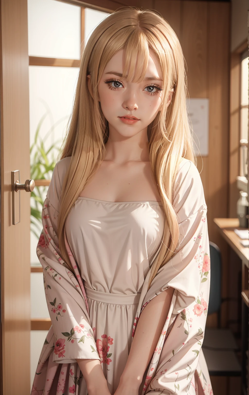 Masterpiece, Best quality, Highly detailed, 1girll, Solo, (:3:1.1), long blonde hair, blonde hair, long hair, Blush, red eyes, glasses, Gradient, Gradient background, , hair adornments, Japanese high school clothes, view the viewer, marin kitagawa, Smile, Solo, Beautiful lighting
