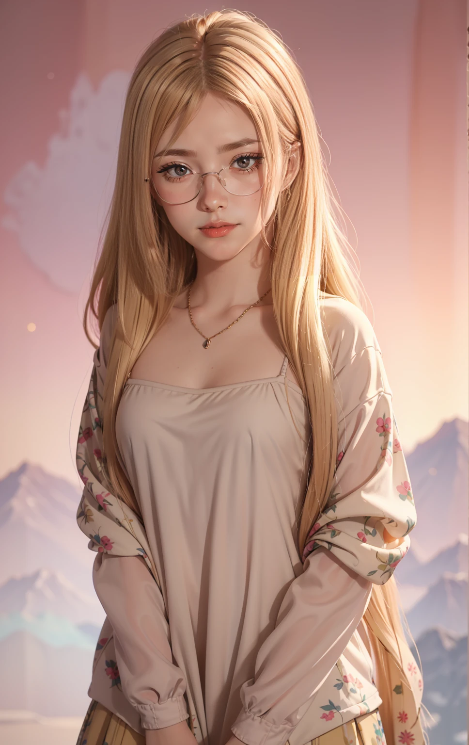 Masterpiece, Best quality, Highly detailed, 1girll, Solo, (:3:1.1), long blonde hair, blonde hair, long hair, Blush, red eyes, glasses, Gradient, Gradient background, , hair adornments, Japanese high school clothes, view the viewer, marin kitagawa, Smile, Solo, Beautiful lighting