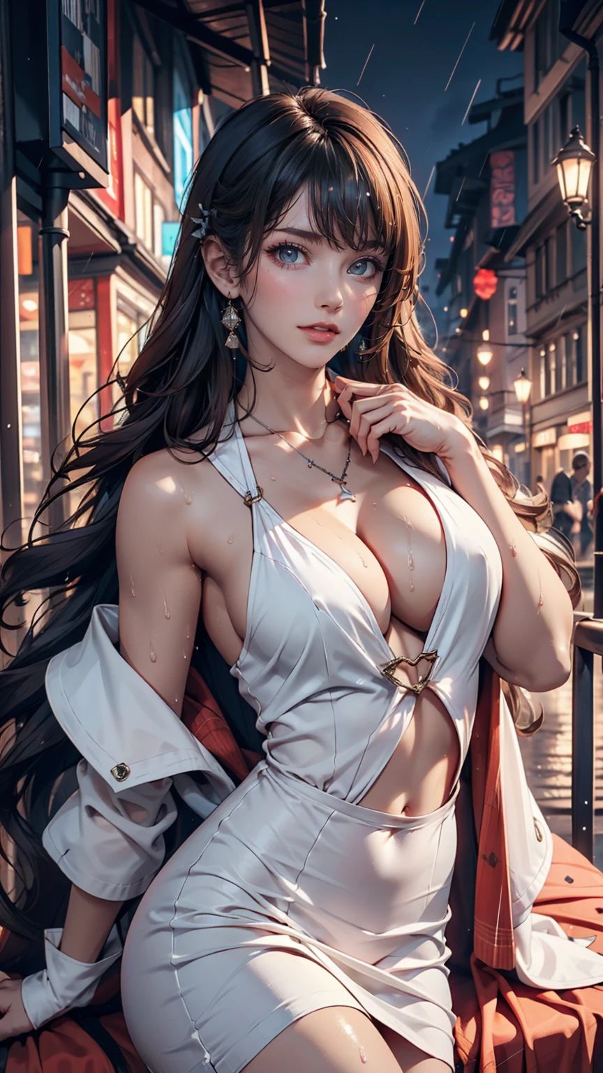 st. Louis (Luxury Wheels) (Azur Lane), hair ornaments, Portraiture, Silver Dress, Revealing clothing, necklace, Blue Claws, Cityscape, night, rain, Wet, (masterpiece:1.4),(Highest quality:1.4),Realistic,Fashionable Girl,compensate,Red lips,View your viewers, alone,Earrings,8K,Highest quality, masterpiece, Purple eyes,Beautiful light,The background is a supercar,Sexy proportions、Sexy、Narrow waist