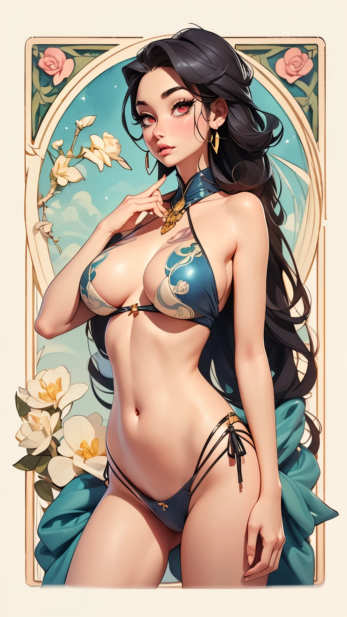 tarot card, Art Nouveau watercolor painting , moon goddess , ,robe,thong,Show your neck,bare shoulders,Show belly button,camee exposlossom pattern tattoo on butt,big eyes, long, thiyelashes, plump lips, dark red eyes, hair long and thick, queen of roses