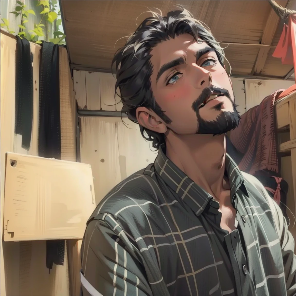 a lonely man with beard looking to the camera , 2D , anime style, ghibli style