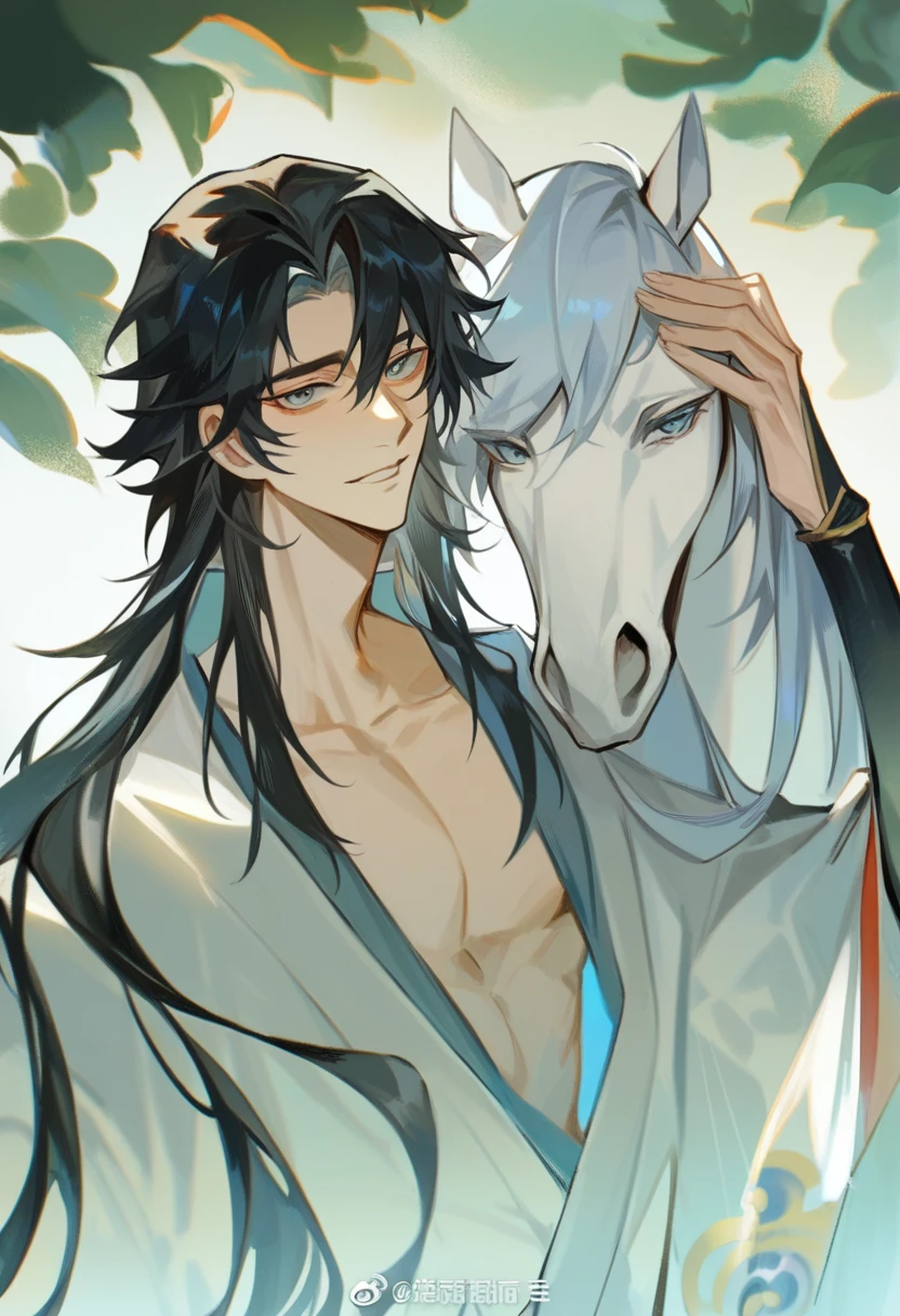 Anime characters with black hair and white horses., loose hair and long robes, Heise Jinyao, Beautiful male god of death, Handsome boy in demon slayer art, Retrato onmyoji, Inspired by Seki Dosheng, by Yang J, Zhao Yun, beautiful androgynous prince, inspired by Bian Shoumin, flowing white robe