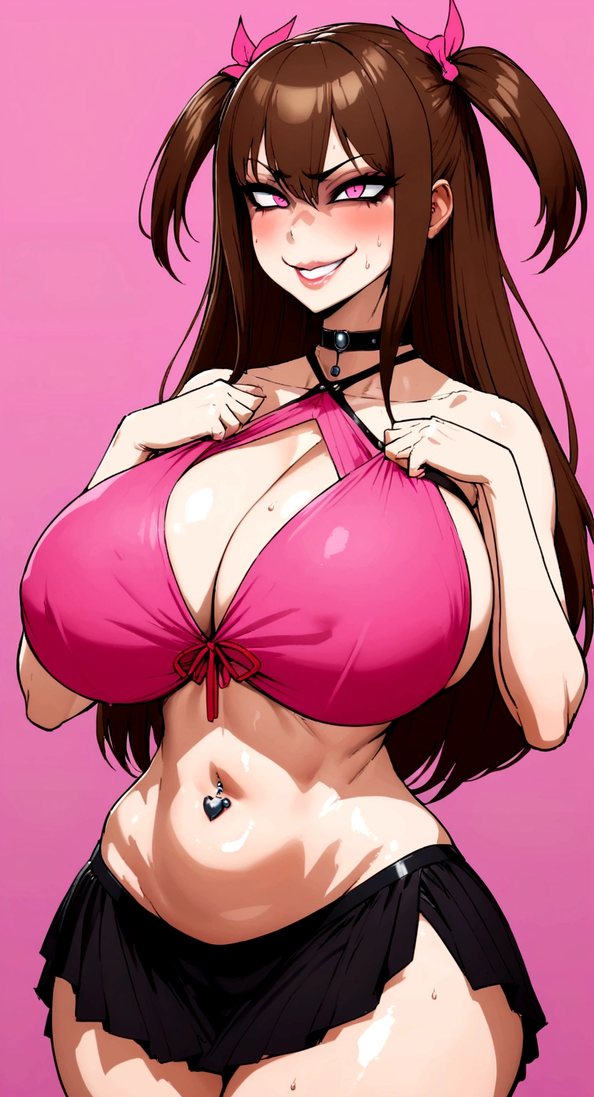 big lips, Brown hair, pink eyes, japanese face, improve, improve grin, two sides up, huge breasts, Wide hips, sexy, detailed, pink room, Hits, (evil smile1.4), kawaii, skirt lewd, lewd, GOOD, lewd costume, lewd shirt,  choker, lewd skirt, lewd shirt,navel piercing,ropa interior lewd