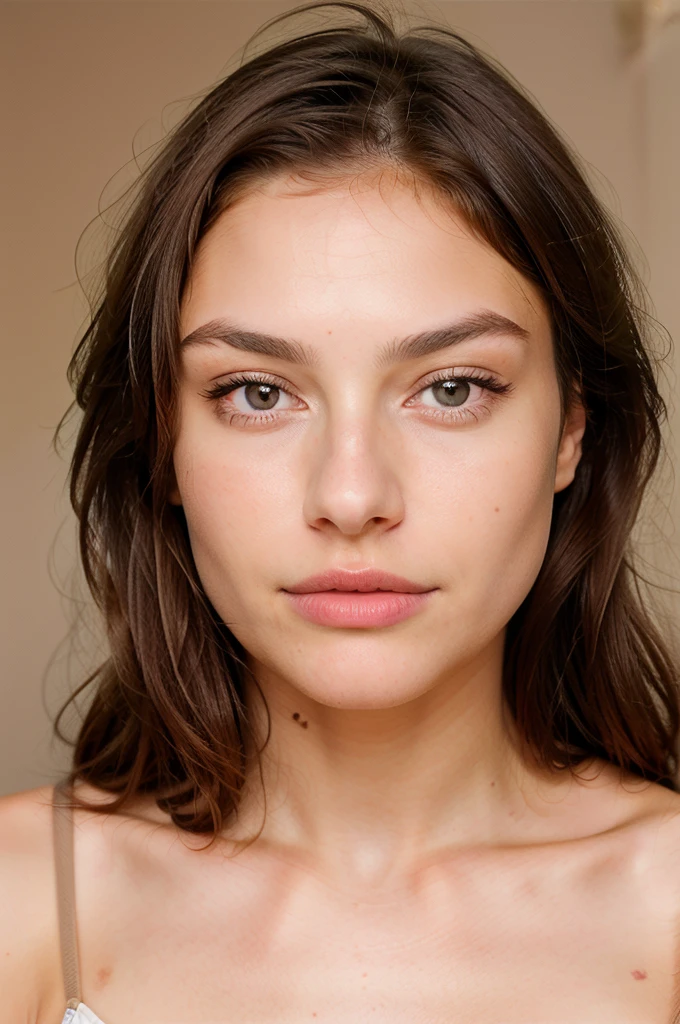 to generate a hyper-realistic image of the face of an 18 year old girl of European and American descent with perfect, well lined eyes and brown eyes, with brown hair, beautiful delicate lips and a thin, upturned nose, straight hair, tender and delicate face, kind, innocent, innocent look, delicate, tender face without imperfections, symmetrical and extremely proportionate.
