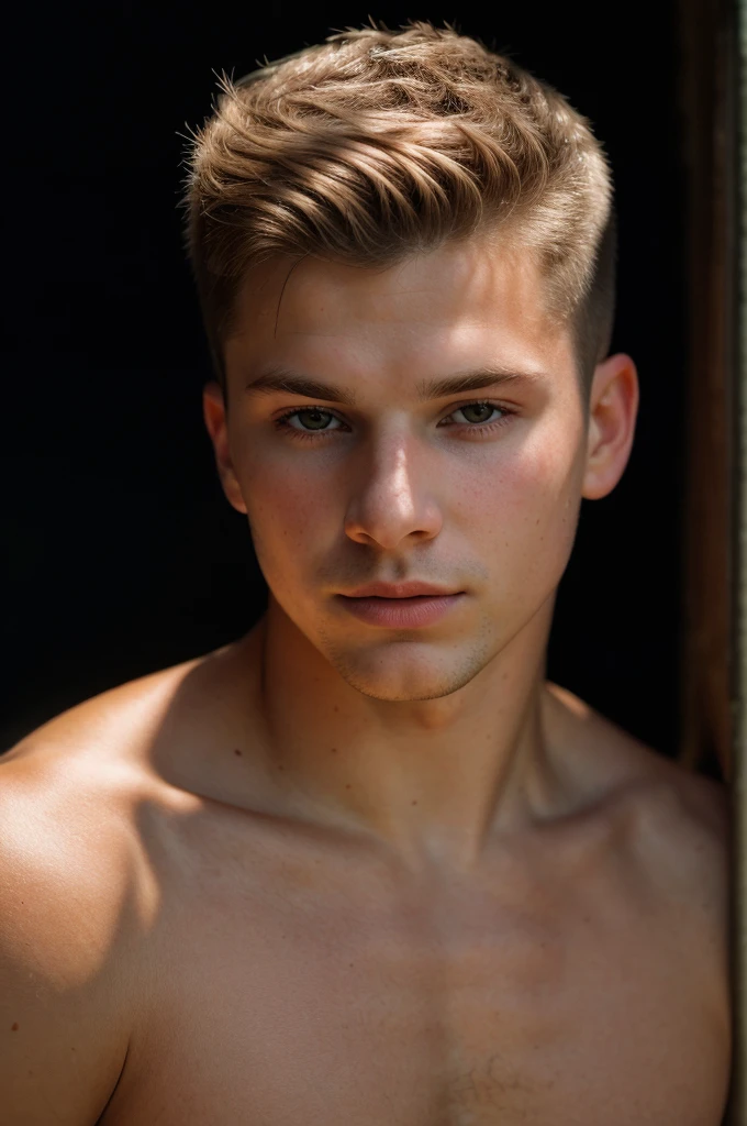 RAW photo of caucasian young man, short hair, hunter eyes,(high detailed skin:1.2), 8k uhd, dslr, soft lighting, high quality, film grain, Fujifilm XT3, 