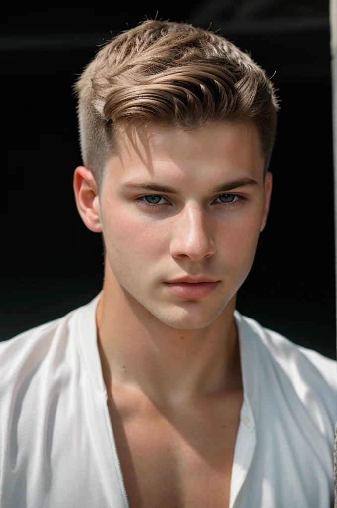 RAW photo of caucasian young man, short hair, hunter eyes,(high detailed skin:1.2), 8k uhd, dslr, soft lighting, high quality, film grain, Fujifilm XT3, 