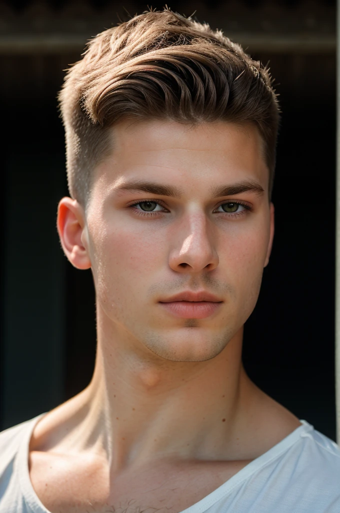 RAW photo of caucasian young man, short hair, hunter eyes,(high detailed skin:1.2), 8k uhd, dslr, soft lighting, high quality, film grain, Fujifilm XT3, 