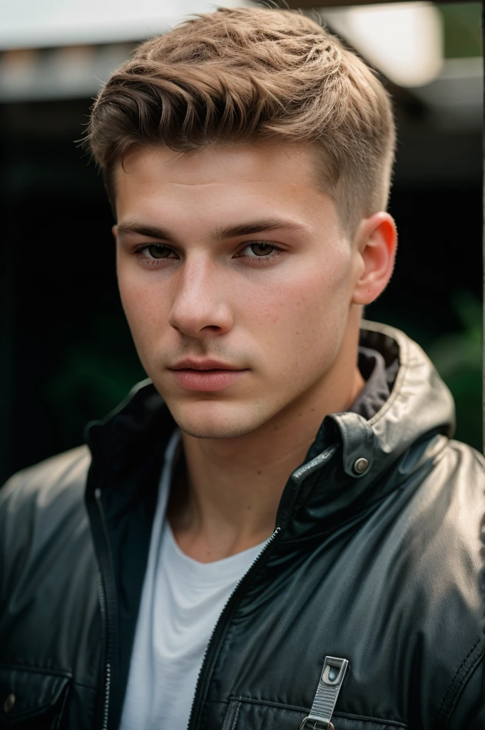 RAW photo of caucasian young man, short hair, hunter eyes,(high detailed skin:1.2), 8k uhd, dslr, soft lighting, high quality, film grain, Fujifilm XT3, 