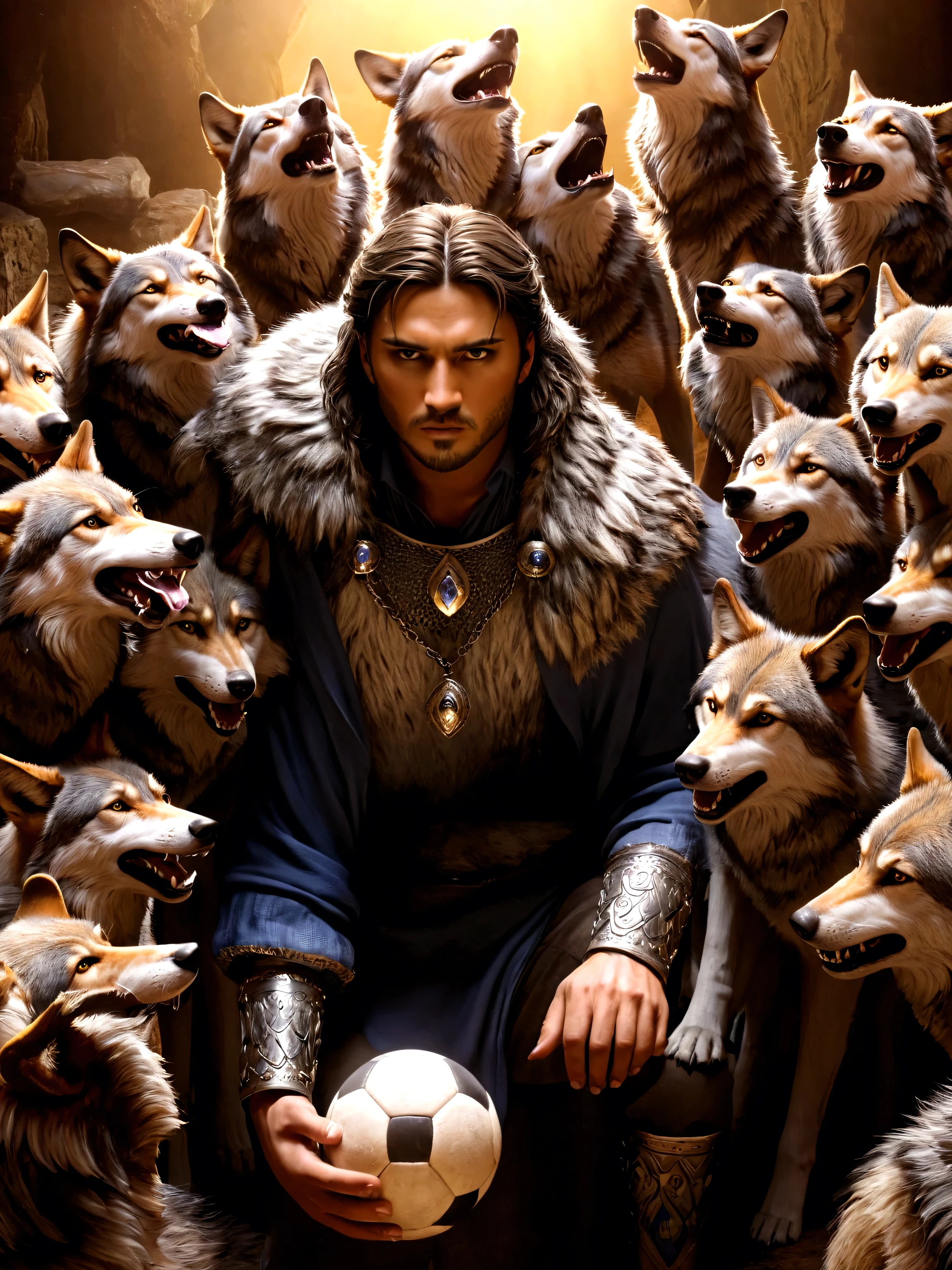 The man, the king of the wolves, holds a ball while wolves surround him