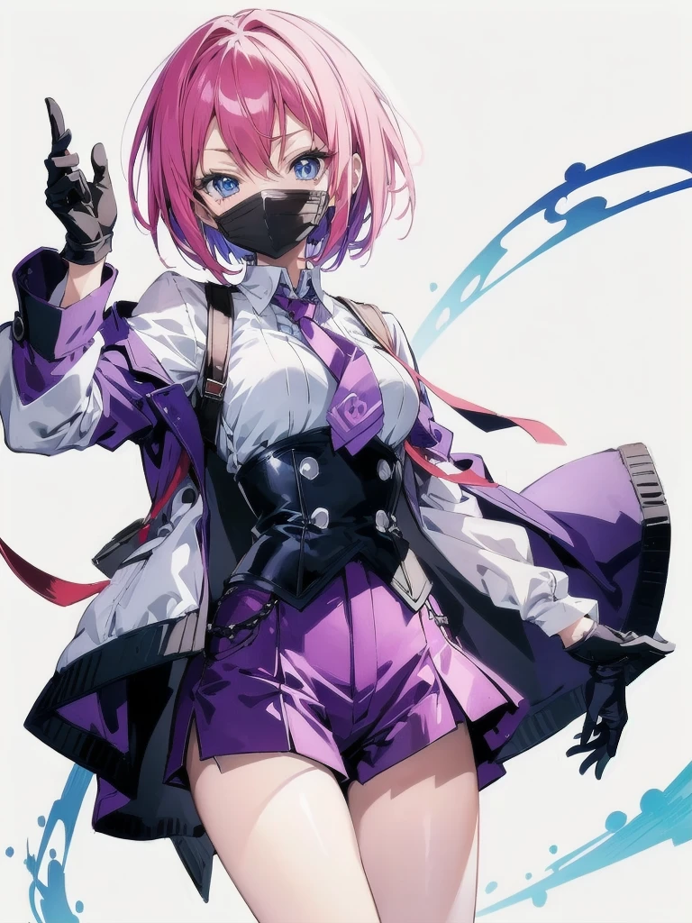 ((masutepiece)), ((Best Quality)),A drawing of an anime woman posing in the same outfit worn by anime version 1girl., Shorts, Purple shorts, corsets, Solo, Short tie, gloves, neck tie, Blue eyes, White Gloves, Jacket, Short hair, White jacket, masutepiece, Best Quality,