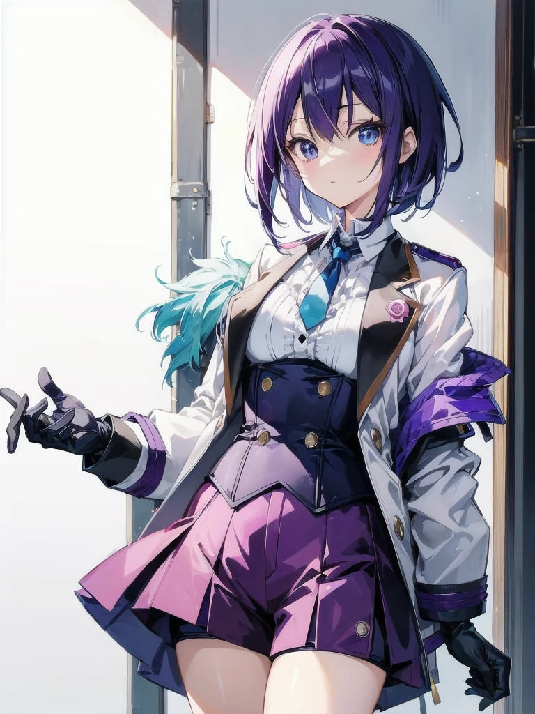 ((masutepiece)), ((Best Quality)),A drawing of an anime woman posing in the same outfit worn by anime version 1girl., Shorts, Purple shorts, corsets, Solo, Short tie, gloves, neck tie, Blue eyes, White Gloves, Jacket, Short hair, White jacket, masutepiece, Best Quality,