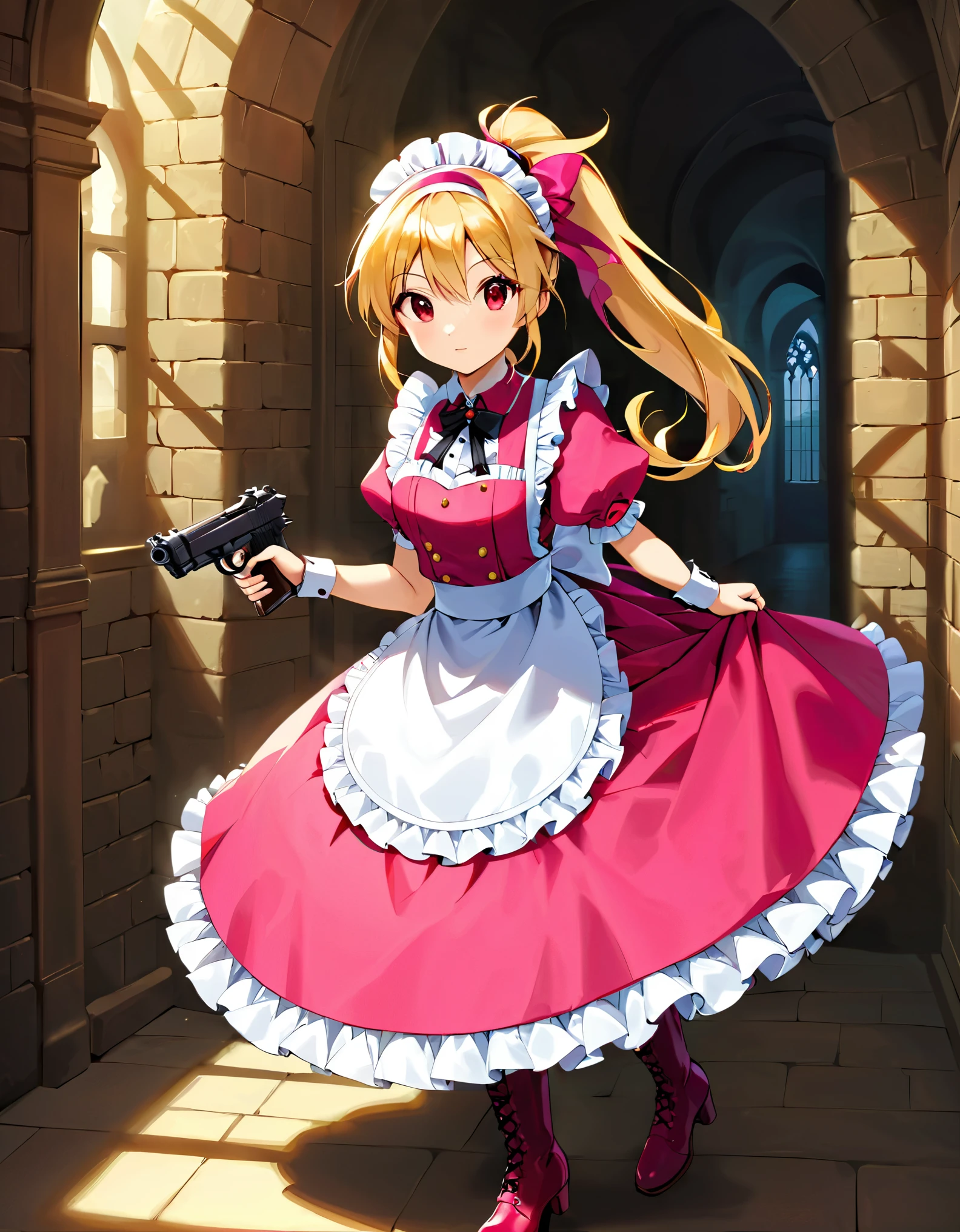 (best quality,4k,8k,highres,masterpiece:1.2),ultra-detailed, (1girl) A cute teenage gunslinger maid with red eyes, drawn in anime style, spiky light blonde hair in a long ponytail, victorian fashion, wearing a cute white maid dress with puffy sleeves, corset, tactical gear, light armour, petticoat, bloomers, a frilly headband, a frilly pink apron, high-heel boots, ribbons, wielding a gun, Beretta 92FS, steampunk style, guarding a castle hallway, extremely detailed eyes and face,longeyelashes,volumetric lighting,cinematic lighting,protective posture,dramatic close up,highly detailed texture,intricate details.