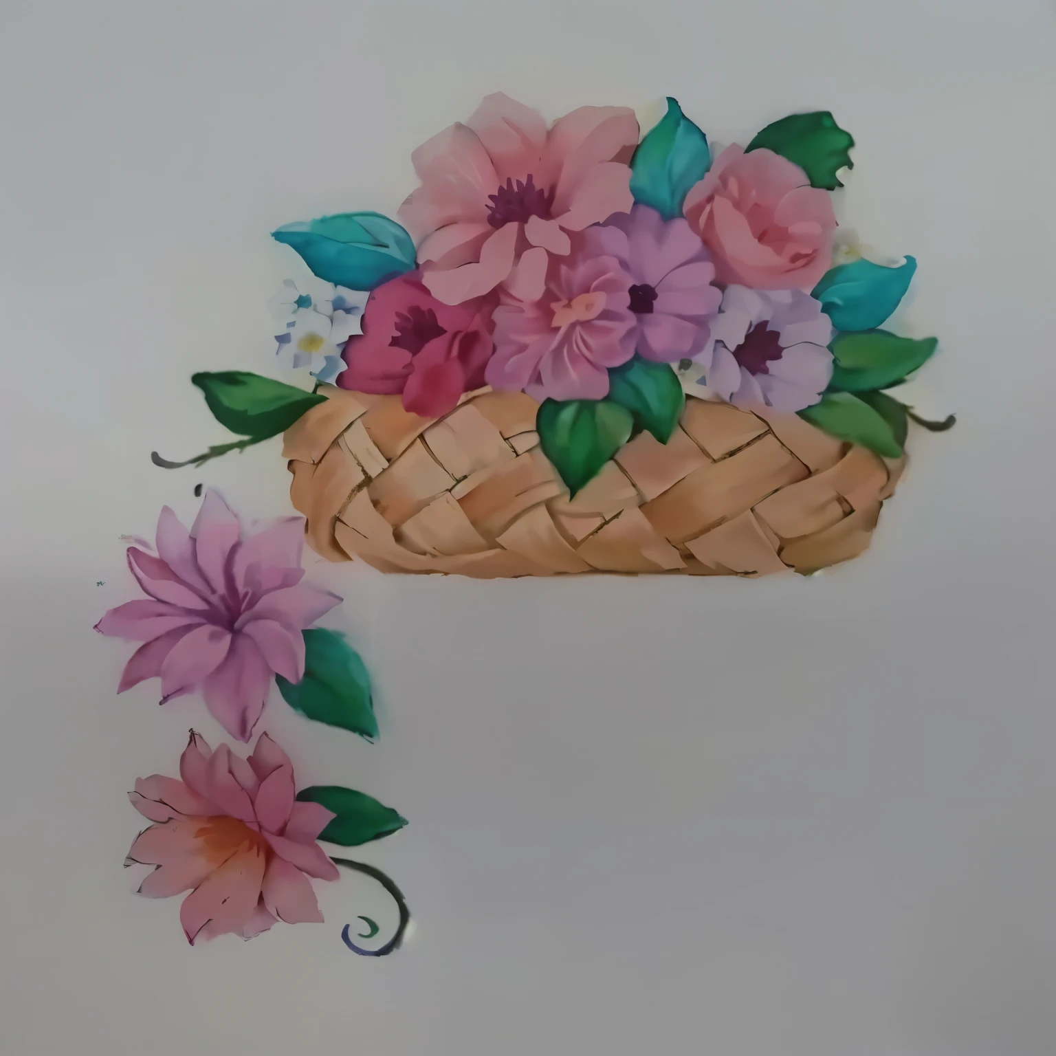there is a picture of a basket with flors on it, Sombreamento Gouache 3D, arte simples pastel, arte pastel, arte pastelwork, with colored flors, flor decorations, Arte em papel de seda, Aquarela simples, decorated with flors, Pintura aquarela, desenho floral, flor, pintura em estilo pastel, aquarela sobre papel, papel aquarela, arte de modelagem em papel, estilo de desenho tradicional