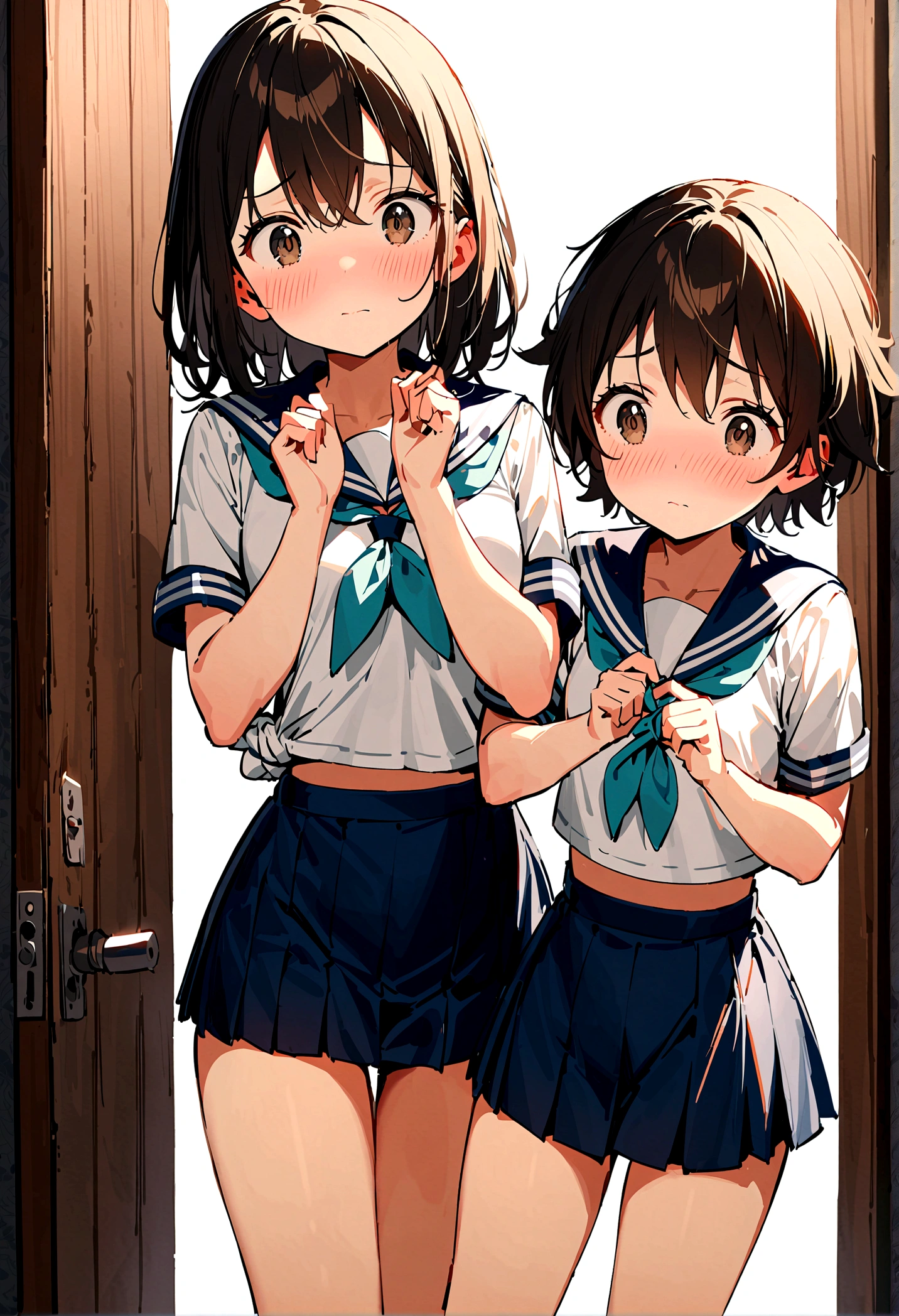 2 girls, Pushed into a locker, ((Sailor suit, Short sleeve, Tight clothing, mini skirt)), (Blushing:1.5), (Watery eye:1.5), (Tied up:1.5), (Wrists tied:1.5), Raise the hand, Hanging, (Blushing, Worried, Watery eye), Perfect body, Perfect Face, Perfect Eyes, Beautiful Eyes, Fine grain, Image taken from inside, Closed door、cute