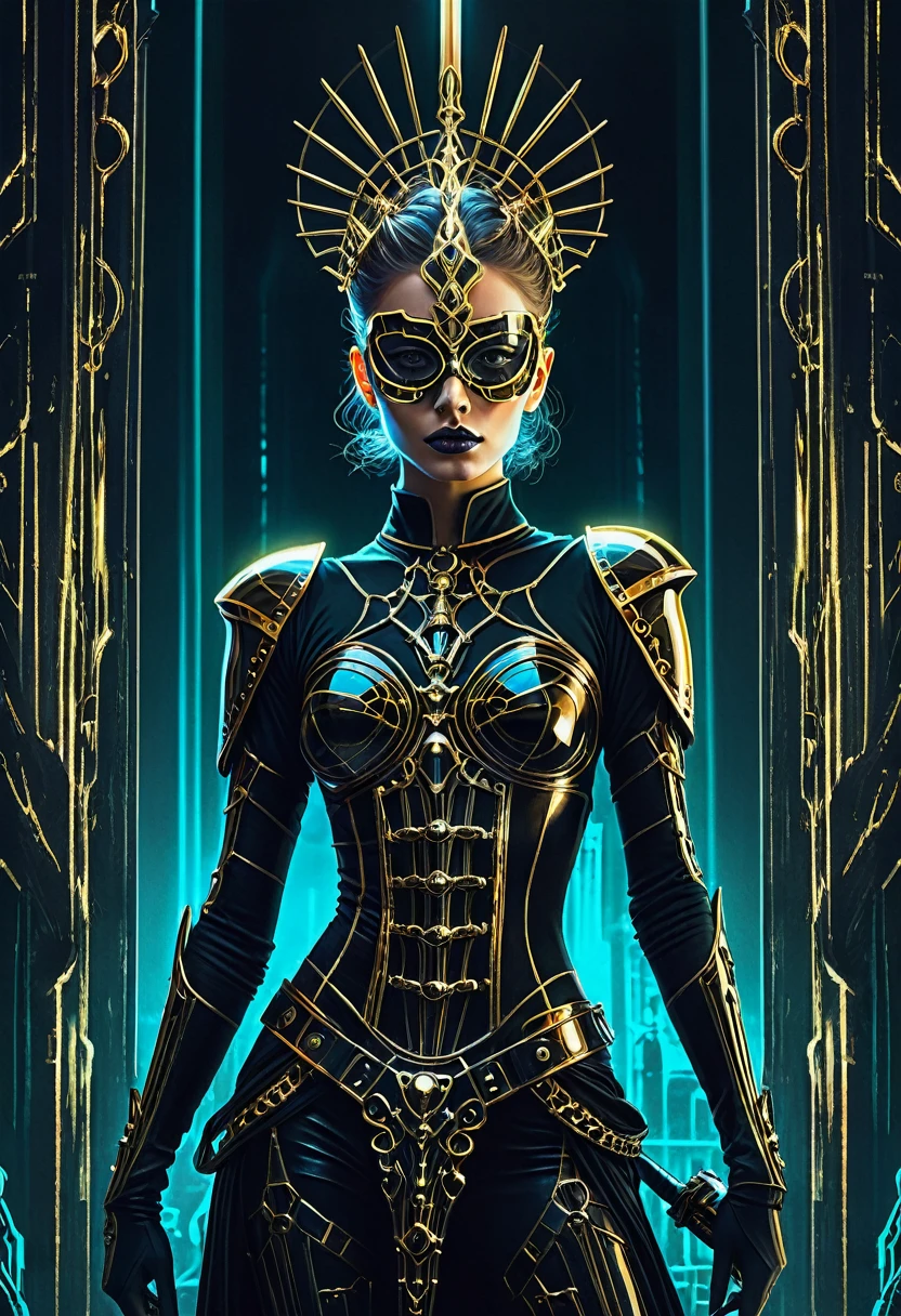 tarot card, chiaroscuro technique on sensual illustration of an queen of sword, a age fashion model wearing an exo-skeleton mask, vibrant colors, futuristic cyberpunk style, intricate details, cinematic lighting, dramatic pose, an elegant complex bio mechanical onyx and gold, intricate details, official art, unity 8k wallpaper, ultra detailed, beautiful and aesthetic, beautiful, masterpiece, best quality, the most beautiful form of chaos, elegant, a brutalist designed, vivid colours, romanticism, atmospheric