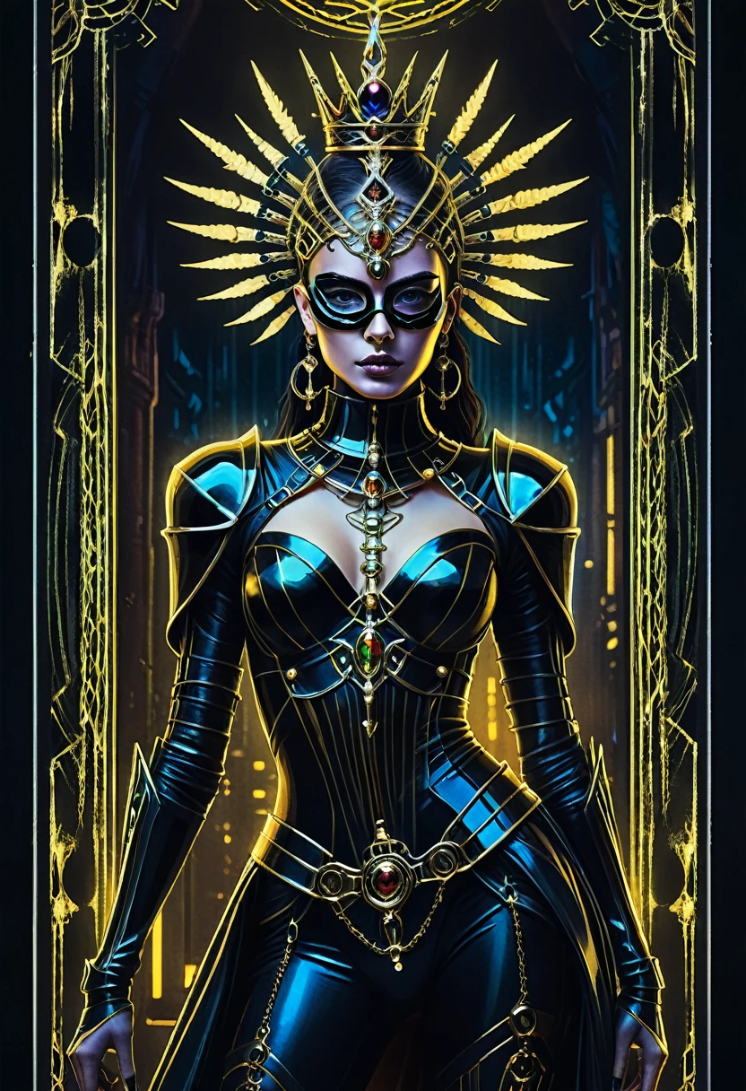 tarot card, chiaroscuro technique on sensual illustration of an queen of sword, a age fashion model wearing an exo-skeleton mask, vibrant colors, futuristic cyberpunk style, intricate details, cinematic lighting, dramatic pose, an elegant complex bio mechanical onyx and gold, intricate details, official art, unity 8k wallpaper, ultra detailed, beautiful and aesthetic, beautiful, masterpiece, best quality, the most beautiful form of chaos, elegant, a brutalist designed, vivid colours, romanticism, atmospheric