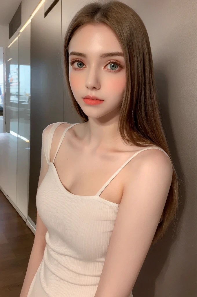 long straight hair, light brown eyes, dress with front cut neckline, white skin,