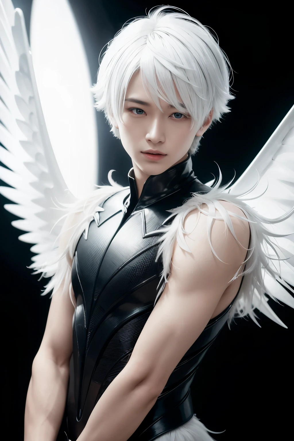 1 men, compound eyes, wings, perfect lighting, White hair, Tailpussy, 4 arms, side lighting, face detailed, skin black, simple background, light background