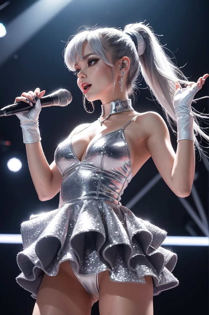 A sexy animal bunny, singer, with a short silver dress, silver gloves and ponytail