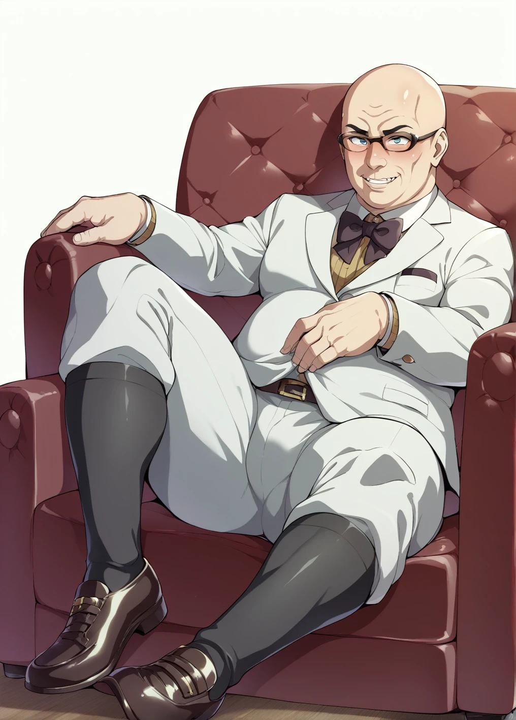 Ultra-detailed illustrations、Ultra-precise expression、masterpiece、Highest quality、ultra High resolution、High resolution、Hiromitsu Takeda Style、White background、Simple Background、sit、whole body、Luxurious sofa、Bulging crotch、Big crotch、White Suit、Black socks、One fat old man、Bald Head、No Face、solo、Vulgar expression、Leather shoes、
