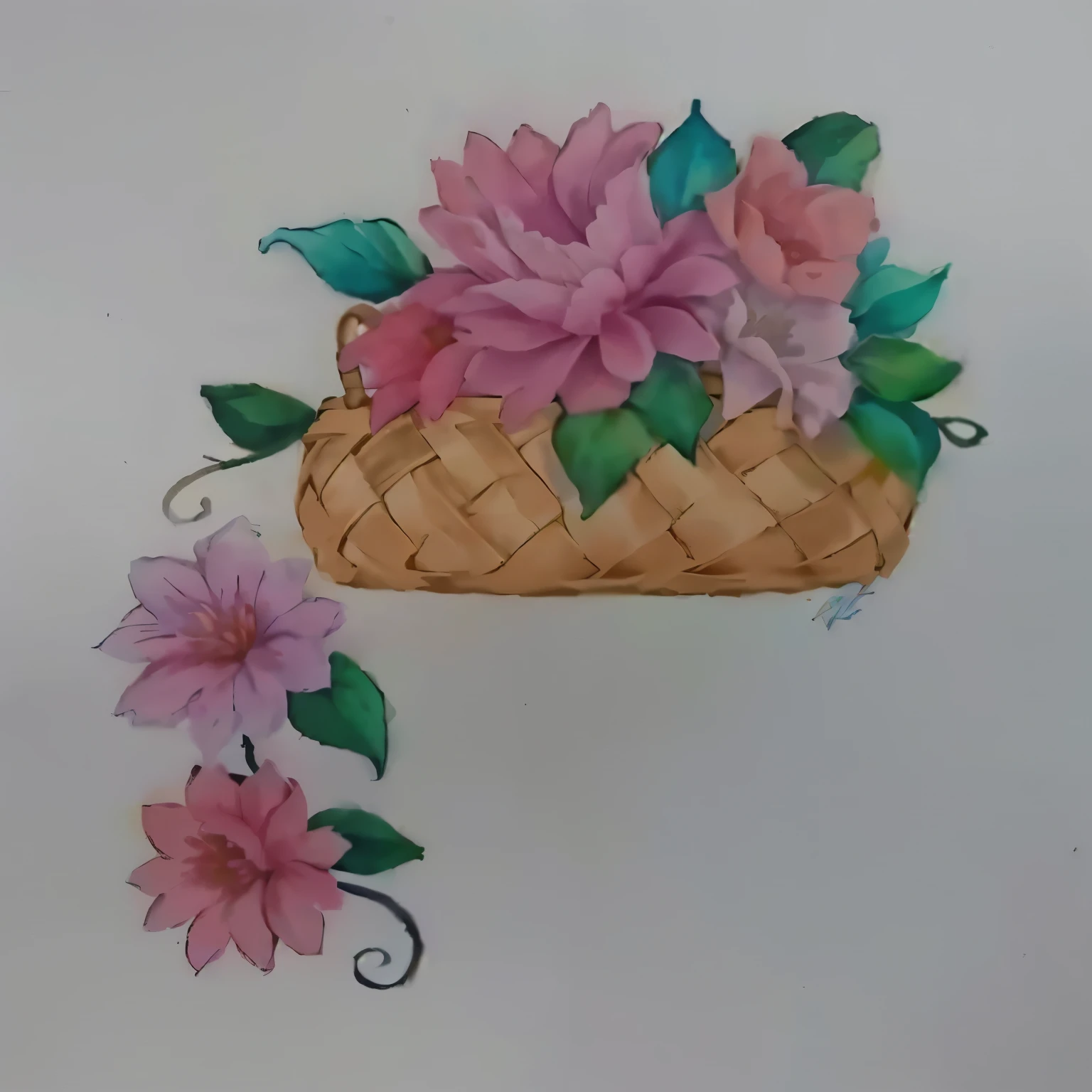 there is a picture of a basket with flors on it, Sombreamento Gouache 3D, arte simples pastel, arte pastel, arte pastelwork, with colored flors, flor decorations, Arte em papel de seda, Aquarela simples, decorated with flors, Pintura aquarela, desenho floral, flor, pintura em estilo pastel, aquarela sobre papel, papel aquarela, arte de modelagem em papel, estilo de desenho tradicional