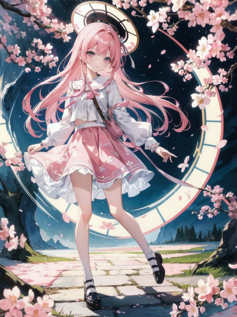 masterpiece, best quality, ultra-detailed, watercolor, full body, colorful, gradation, full body focus, cherry blossom tree, magic circle, night, a cute girl, 1girl, solo, skirt, beautiful pink hair, beautiful pink eyes, beautiful eyes, white-skinned, ribon, light smile, sparkling effect,long hair