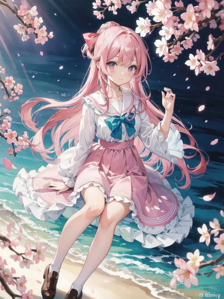 masterpiece, best quality, ultra-detailed, watercolor, full body, colorful, gradation, full body focus, cherry blossom tree, magic circle, night, a cute girl, 1girl, solo, skirt, beautiful pink hair, beautiful pink eyes, beautiful eyes, white-skinned, ribon, light smile, sparkling effect,long hair