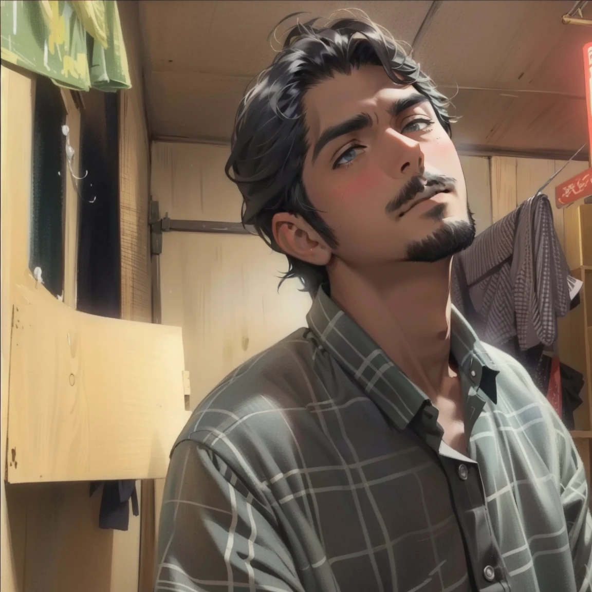 a lonely man with beard looking to the camera , 2D , anime style, ghibli style 