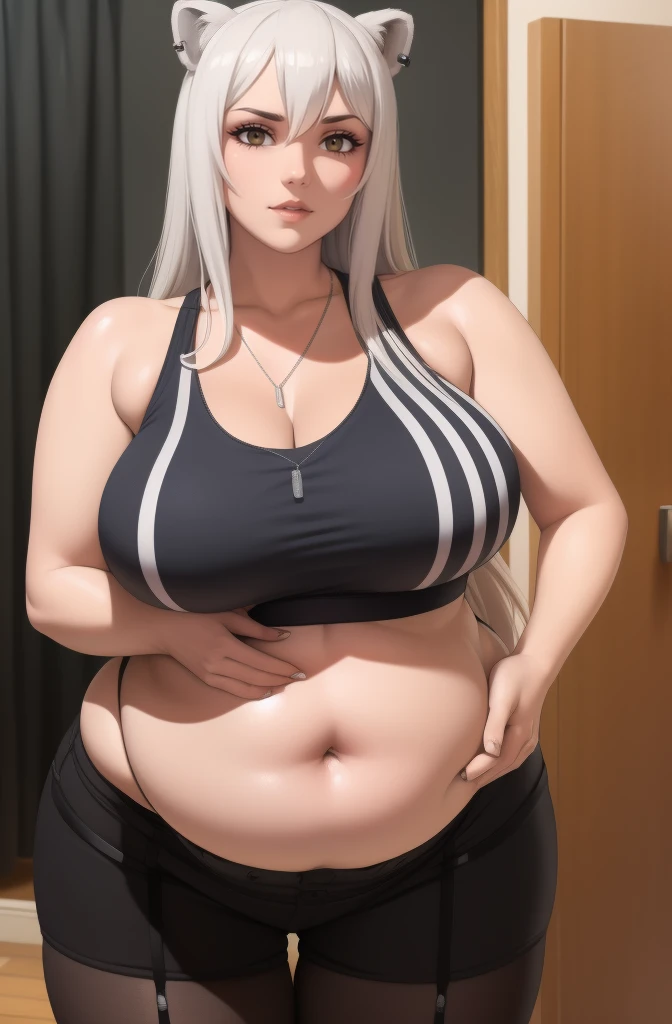 (best quality,4k,8k,highres,masterpiece:1.2), ultra-detailed, (realistic,photorealistic,photo-realistic:1.37), HDR, UHD, studio lighting, ultra-fine painting, sharp focus, physically-based rendering, extreme detail description, professional, vivid colors, bokeh, portraits, photography, (best quality,masterpiece:1.3), (mature woman, milf), (tall:1.2), anime, masterpiece, beautiful eyes, best quality, detailed face, 1girl, solo, beautiful, Botan, BotanSuit, grey hair, long hair, black sports bra, navel, midriff, cleavage, bare shoulders, pantyhose, dog tags, huge breasts, huge belly, bloated belly, stuffed belly, plump, chubby, curvy, chubby girl, belly, big belly, fat belly, soft shading, detailed, semi-realistic, sciamano240