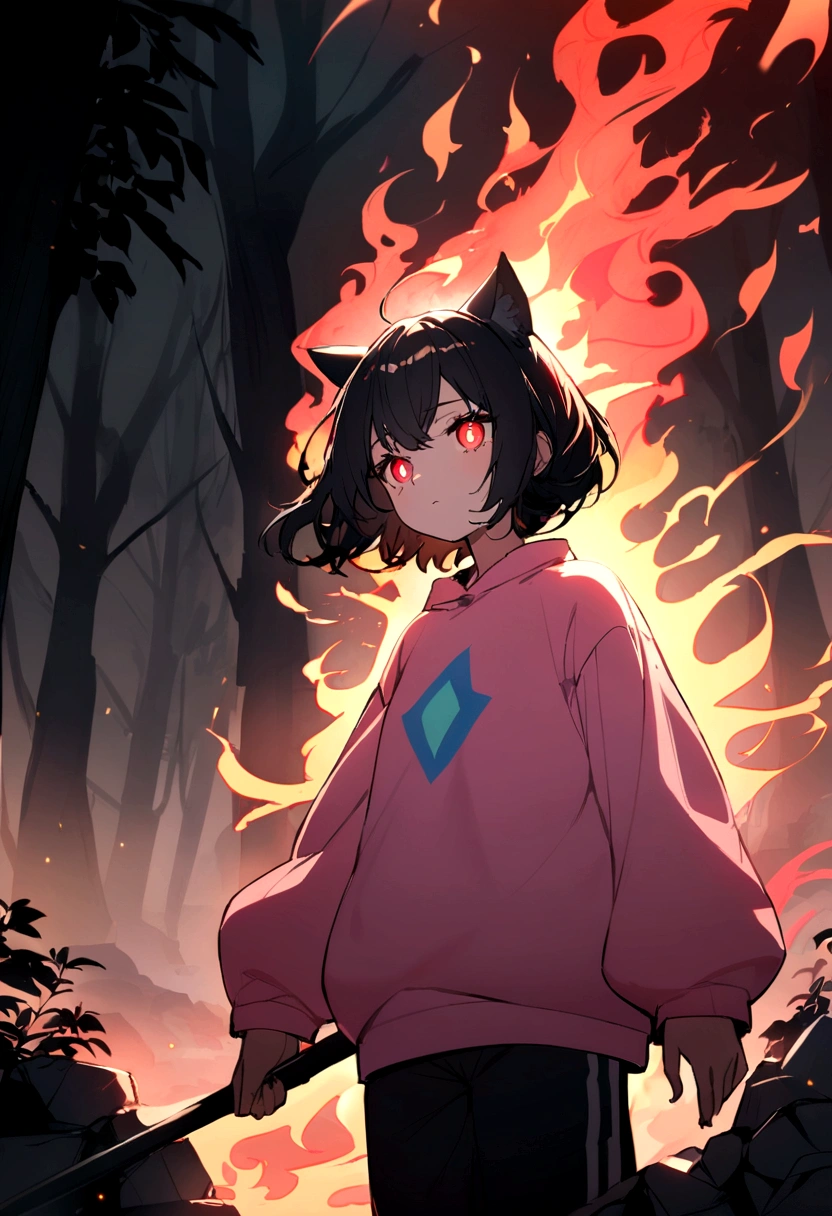 an anime girl eyes with a black iris and red pupils, black hair with pink highlights with small hair bow with small blue and yellow cubes decoration on the bow, on the right side of the head. She wears a pink sweatshirt that is too big for her and small black sweatpants.. She has a red aura of flames that surrounds her violently.. Gray cat ears of smoke emerge as if it were smoke like a tail. He is in a forest with a broken ground
