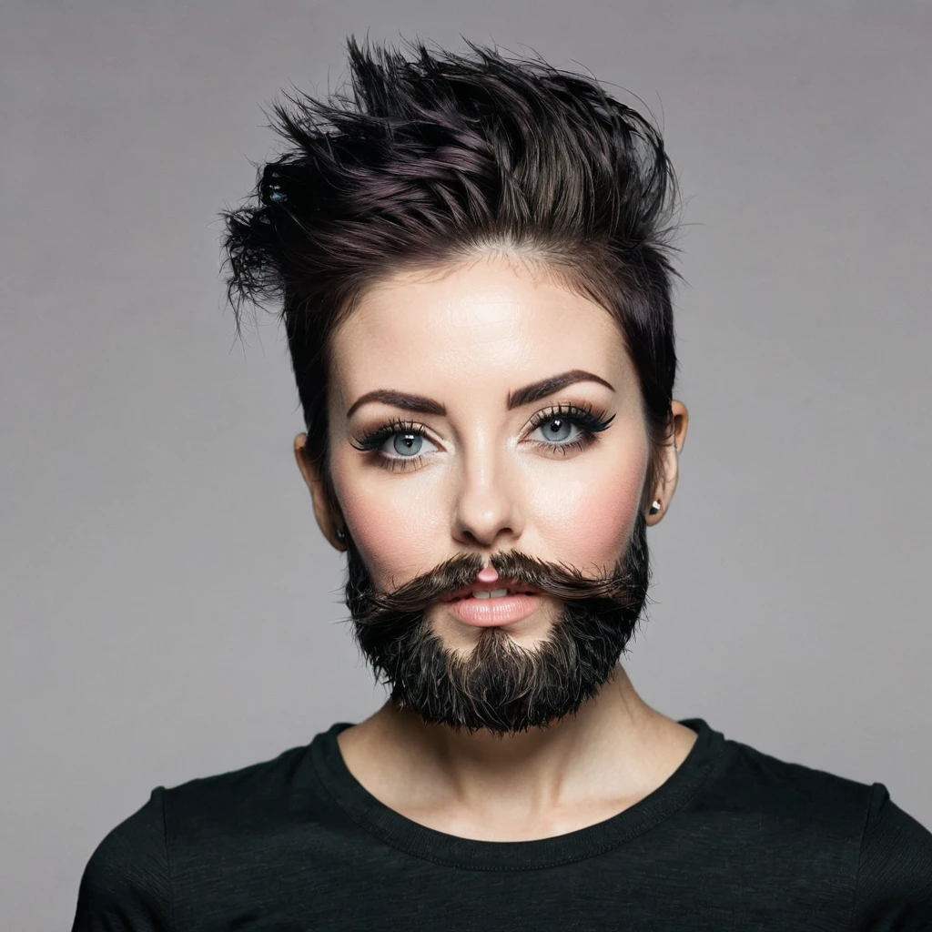 woman with beard, short hair punk advertises a beard product