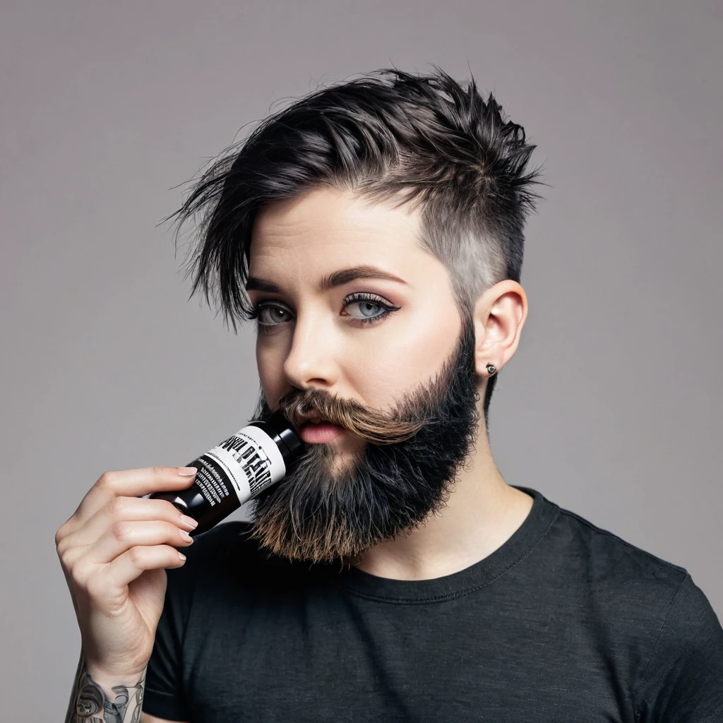 woman with beard, short hair punk advertises a beard product